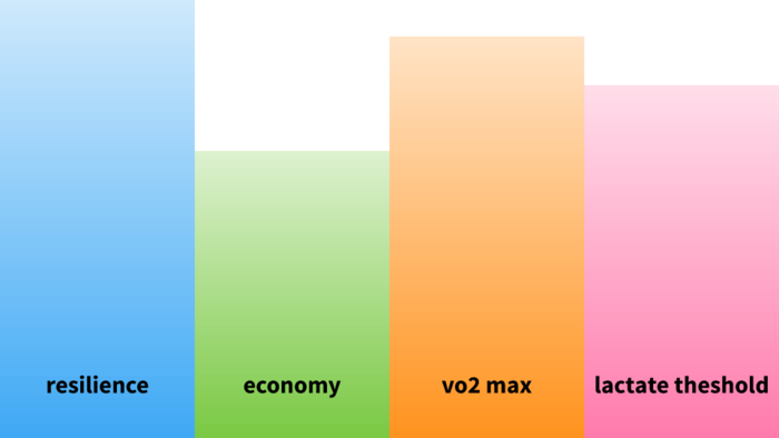 The four factors that affect your speed are vo2 max, lactate threshold, economy and resilience.